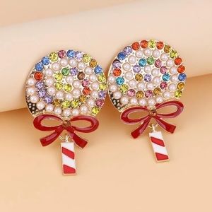 🍭 Lovely Large Colorful Rhinestone Peppermint Stripe Bow Lollipop Earrings 🍭